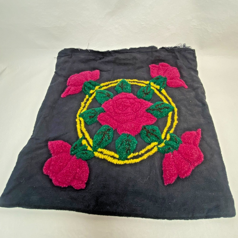 Vtg Punch Needle Embroidered Crewel Flannel Pink‎ Flowers 15 x 15" Unfinished
